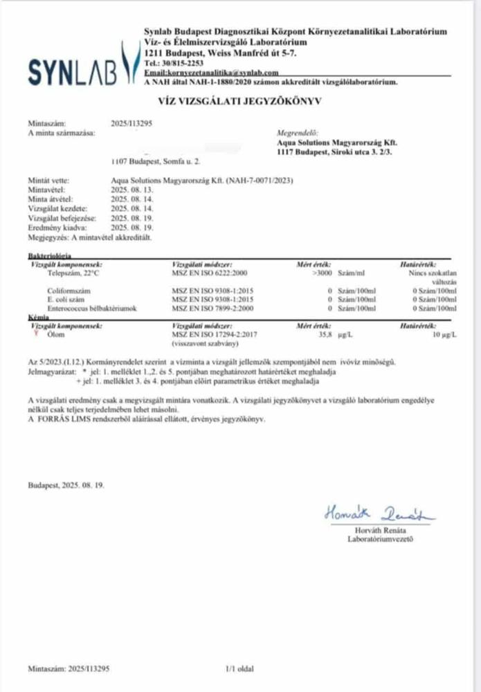 3,5 x Ólomtartalom ivóvízben Kőbányai társasházban